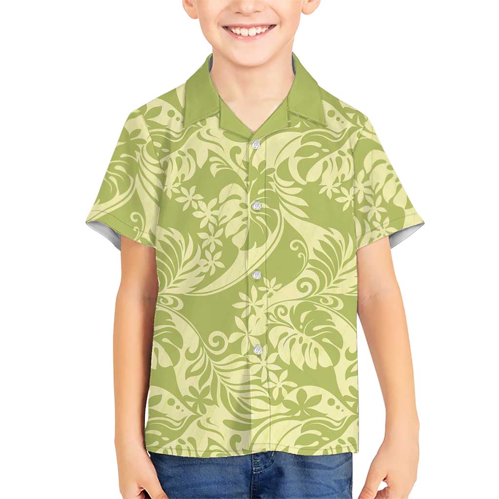 Tahiti Olive Tiare Floral Family Matching Puletasi and Hawaiian Shirt Monstera Palm Tropical Leaves - Polynesian Pride