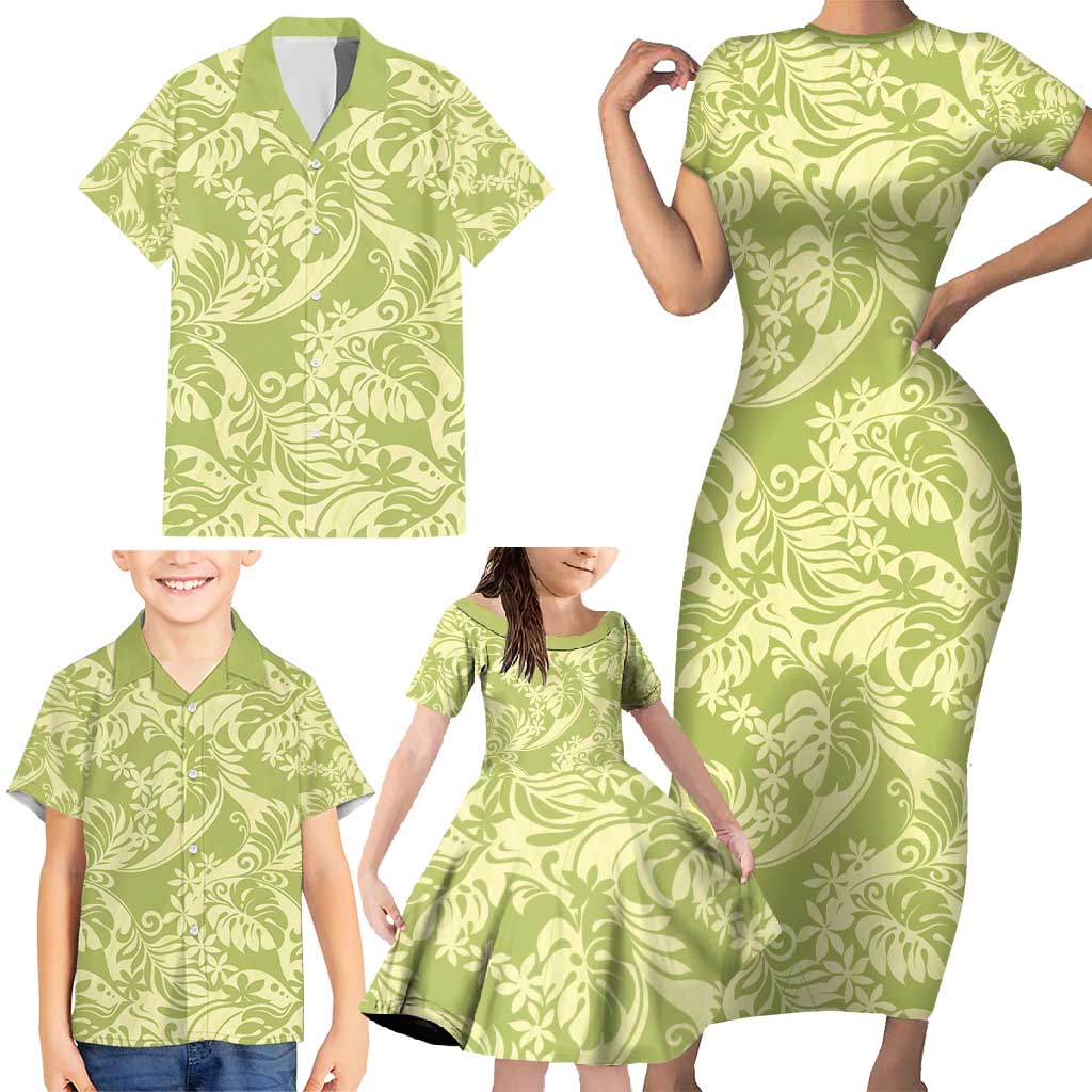 Tahiti Olive Tiare Floral Family Matching Short Sleeve Bodycon Dress and Hawaiian Shirt Monstera Palm Tropical Leaves - Polynesian Pride