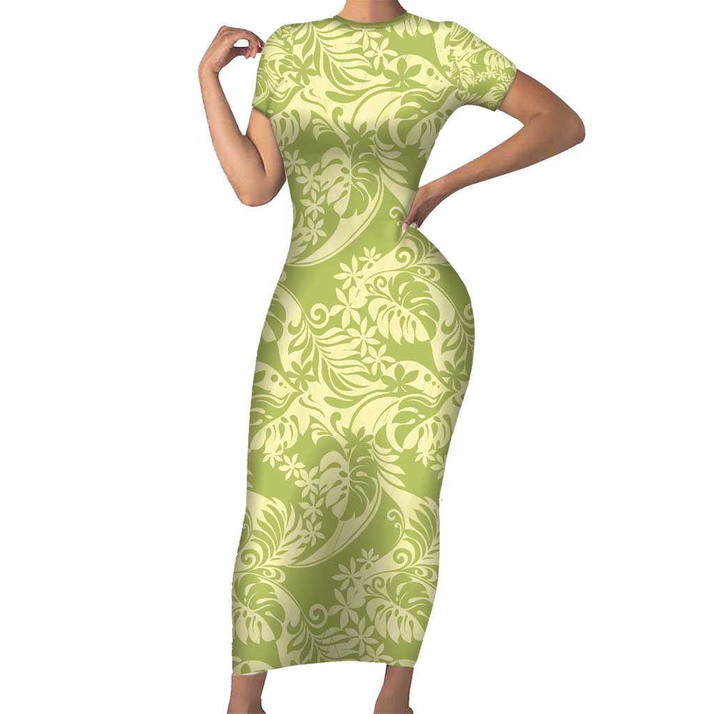 Tahiti Olive Tiare Floral Family Matching Short Sleeve Bodycon Dress and Hawaiian Shirt Monstera Palm Tropical Leaves - Polynesian Pride