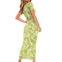 Tahiti Olive Tiare Floral Family Matching Short Sleeve Bodycon Dress and Hawaiian Shirt Monstera Palm Tropical Leaves - Polynesian Pride