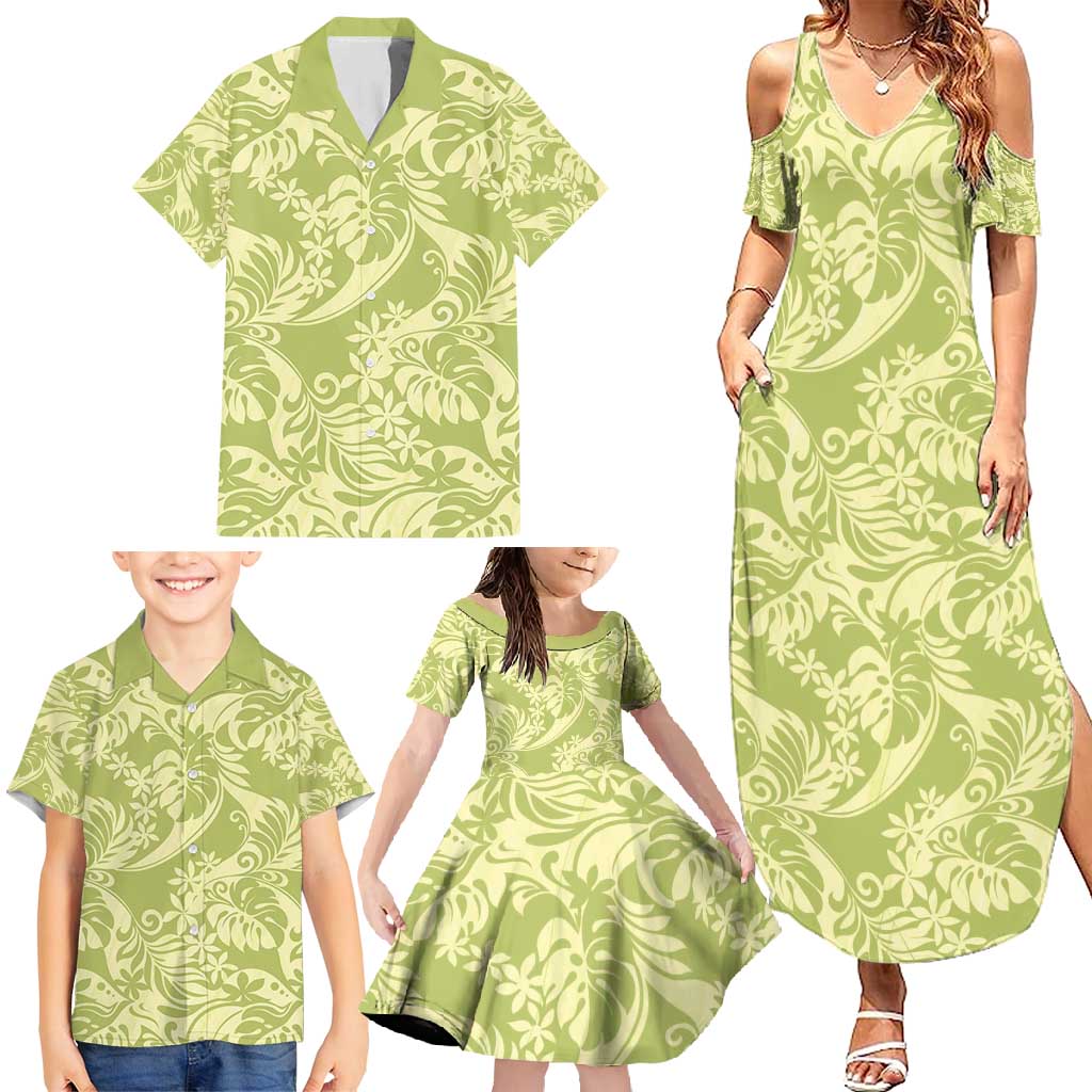 Tahiti Olive Tiare Floral Family Matching Summer Maxi Dress and Hawaiian Shirt Monstera Palm Tropical Leaves - Polynesian Pride
