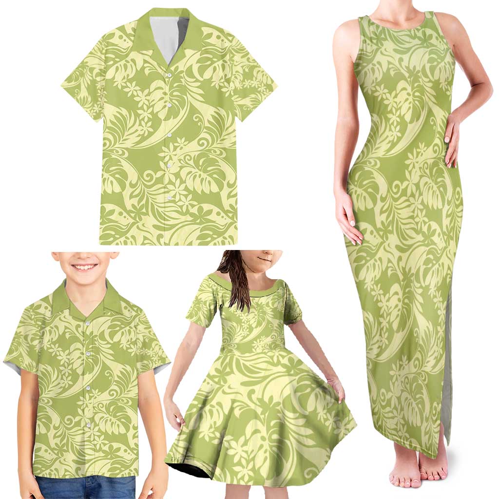 Tahiti Olive Tiare Floral Family Matching Tank Maxi Dress and Hawaiian Shirt Monstera Palm Tropical Leaves - Polynesian Pride