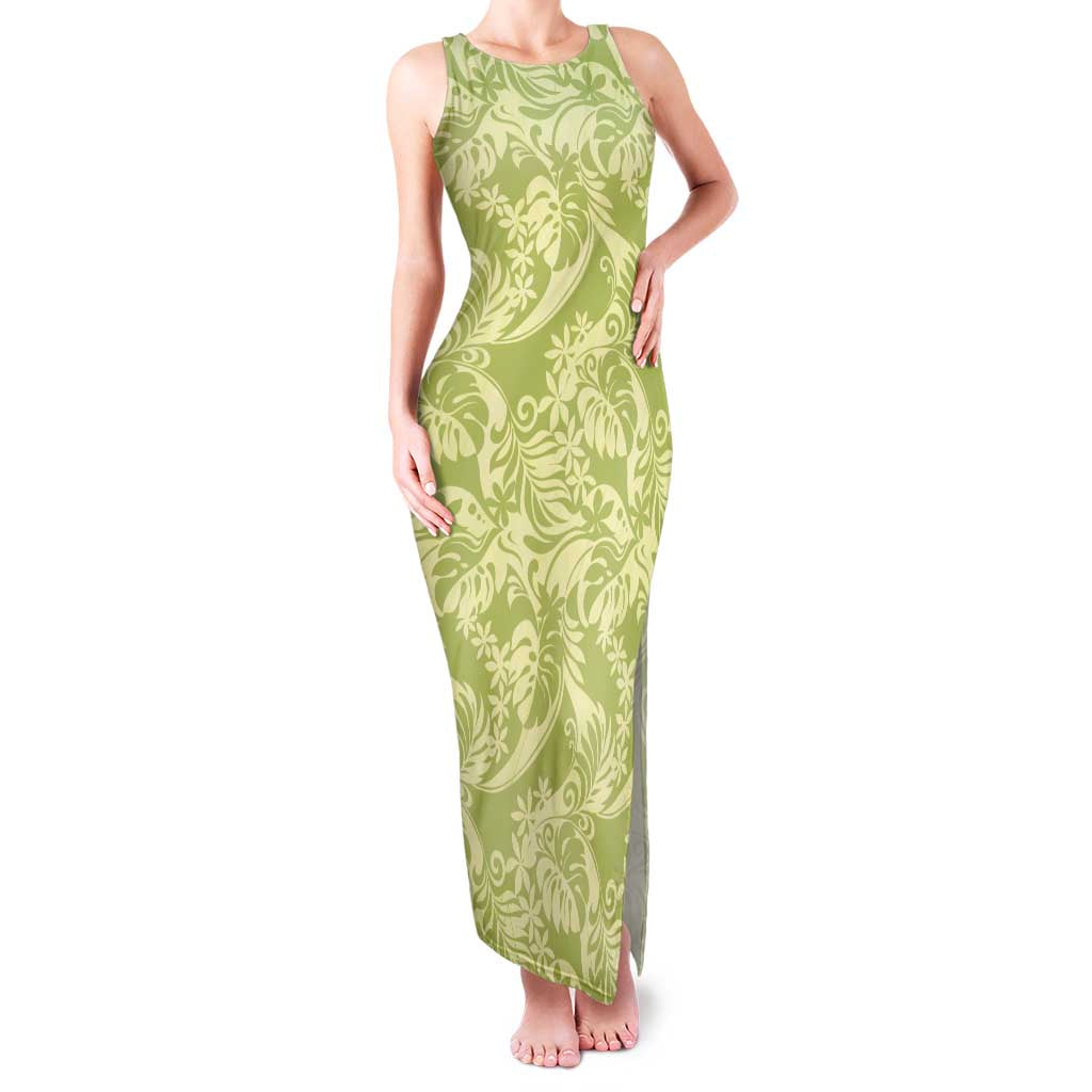 Tahiti Olive Tiare Floral Family Matching Tank Maxi Dress and Hawaiian Shirt Monstera Palm Tropical Leaves - Polynesian Pride