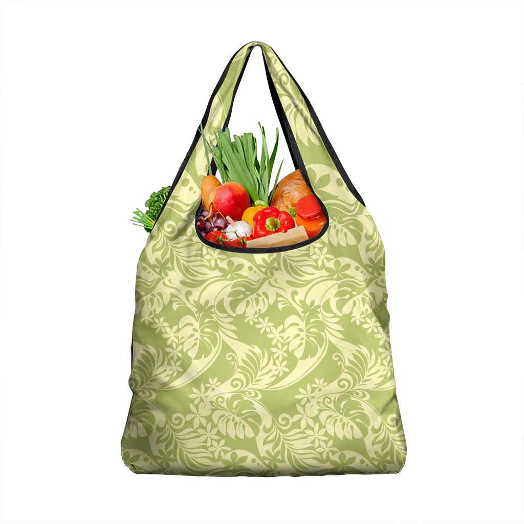 Tahiti Olive Tiare Floral Grocery Bag Monstera Palm Tropical Leaves LT01 1-pack One Size Olive - Polynesian Pride