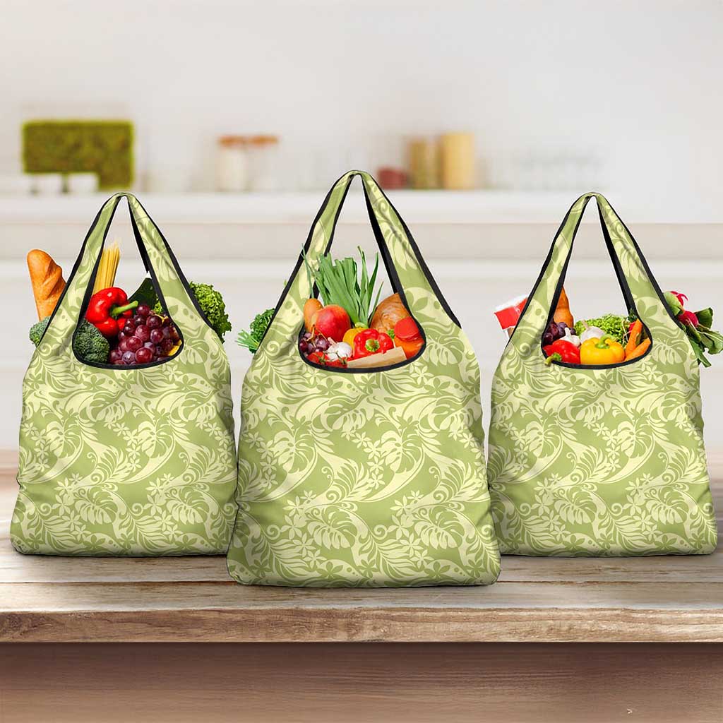 Tahiti Olive Tiare Floral Grocery Bag Monstera Palm Tropical Leaves LT01 3-pack One Size Olive - Polynesian Pride
