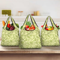 Tahiti Olive Tiare Floral Grocery Bag Monstera Palm Tropical Leaves LT01 3-pack One Size Olive - Polynesian Pride