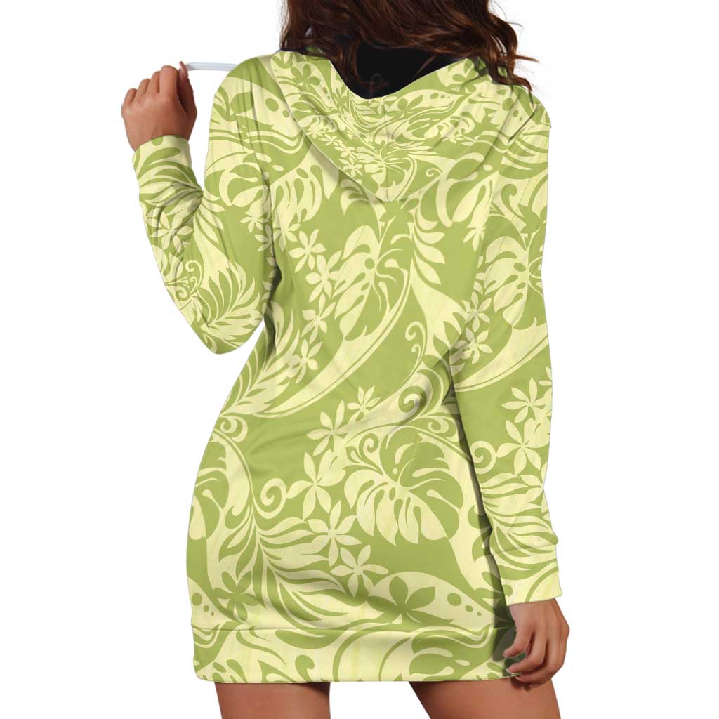 Tahiti Olive Tiare Floral Hoodie Dress Monstera Palm Tropical Leaves - Polynesian Pride
