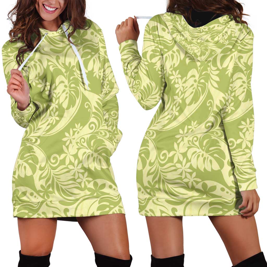 Tahiti Olive Tiare Floral Hoodie Dress Monstera Palm Tropical Leaves - Polynesian Pride