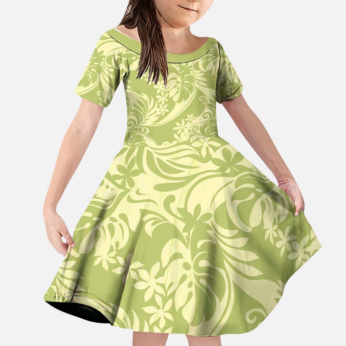 Tahiti Olive Tiare Floral Kid Short Sleeve Dress Monstera Palm Tropical Leaves LT01 KID Olive - Polynesian Pride
