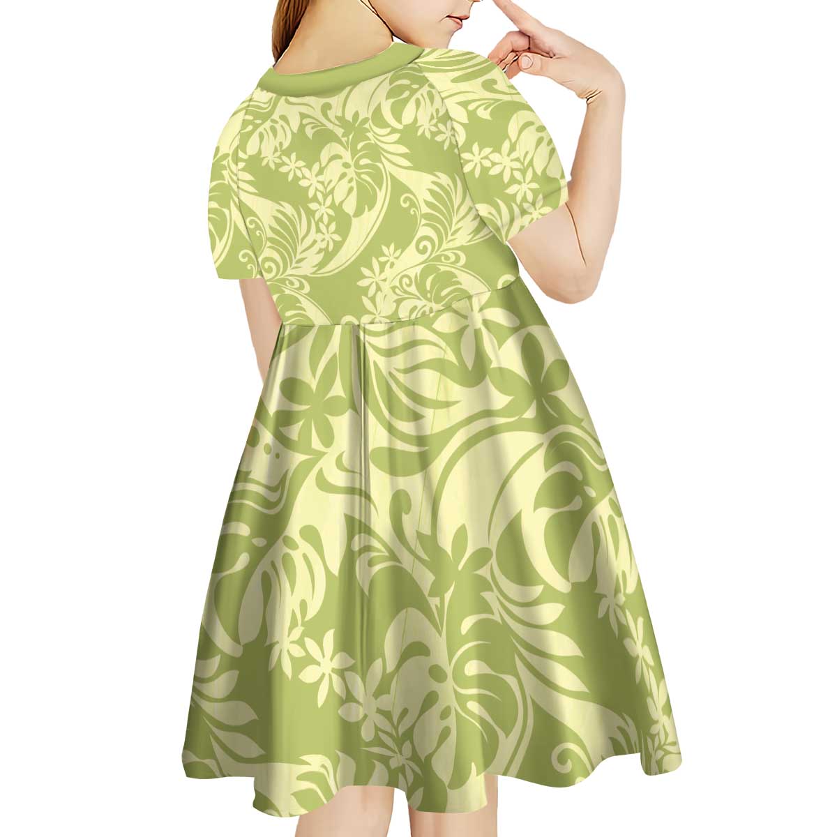 Tahiti Olive Tiare Floral Kid Short Sleeve Dress Monstera Palm Tropical Leaves LT01 - Polynesian Pride