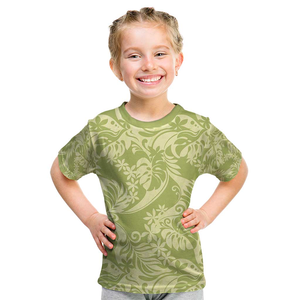 Tahiti Olive Tiare Floral Kid T Shirt Monstera Palm Tropical Leaves - Polynesian Pride