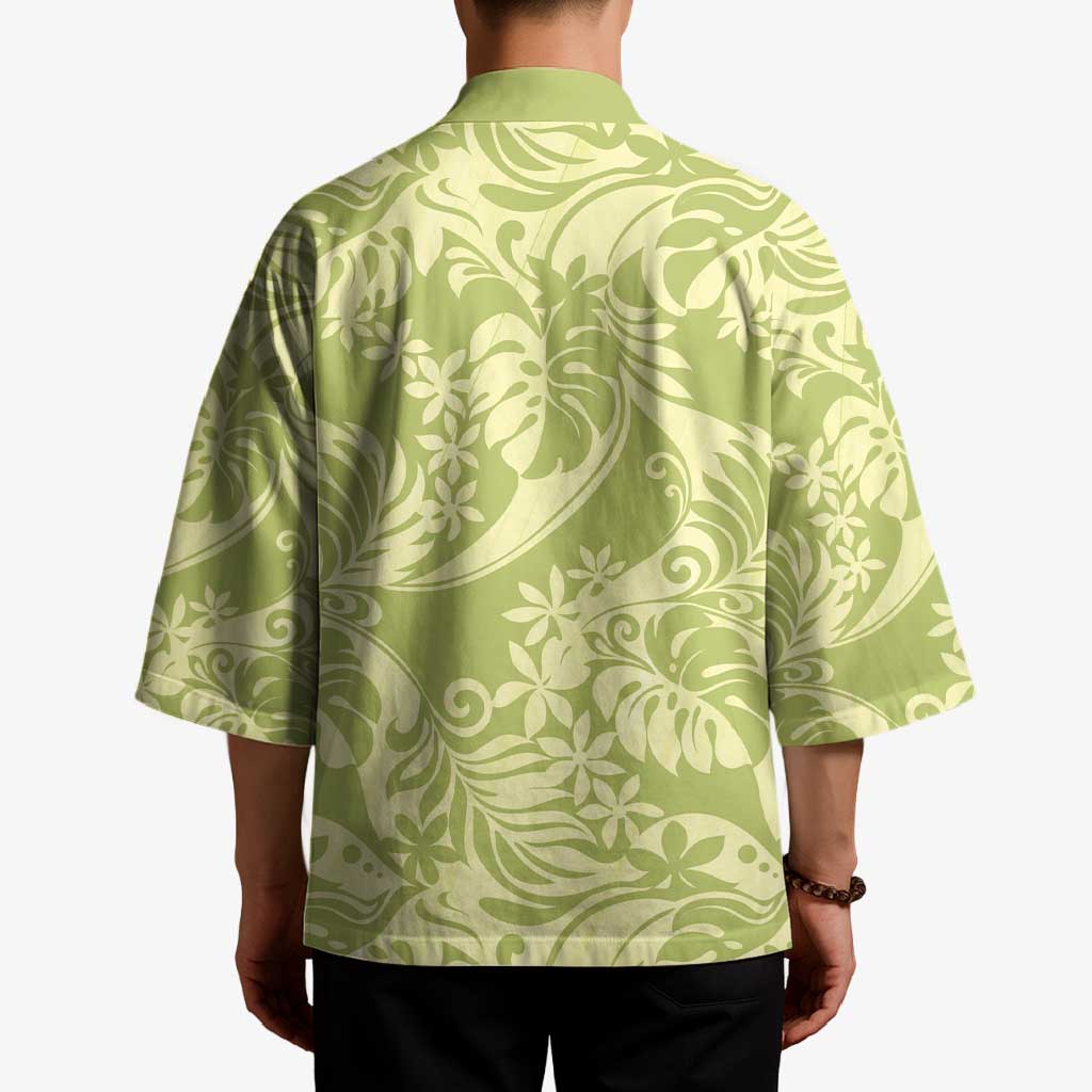 Tahiti Olive Tiare Floral Kimono Monstera Palm Tropical Leaves - Polynesian Pride