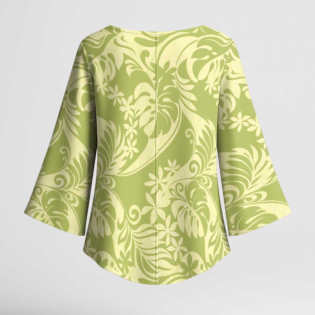Tahiti Olive Tiare Floral Kimono Sleeve Blouse Monstera Palm Tropical Leaves LT01 - Polynesian Pride