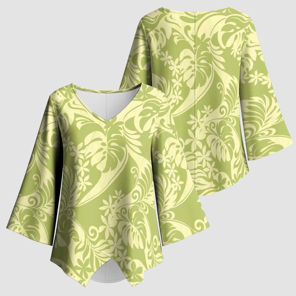 Tahiti Olive Tiare Floral Kimono Sleeve Blouse Monstera Palm Tropical Leaves LT01 - Polynesian Pride