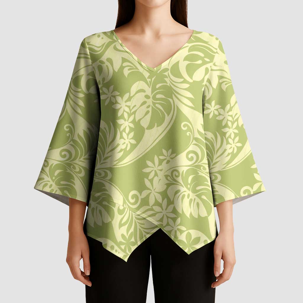 Tahiti Olive Tiare Floral Kimono Sleeve Blouse Monstera Palm Tropical Leaves LT01 - Polynesian Pride