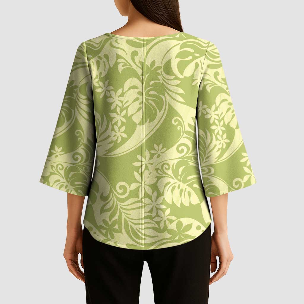 Tahiti Olive Tiare Floral Kimono Sleeve Blouse Monstera Palm Tropical Leaves LT01 - Polynesian Pride