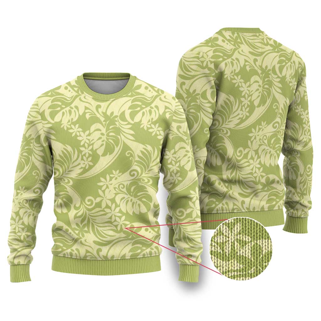 Tahiti Olive Tiare Floral Ugly Christmas Sweater Monstera Palm Tropical Leaves - Polynesian Pride