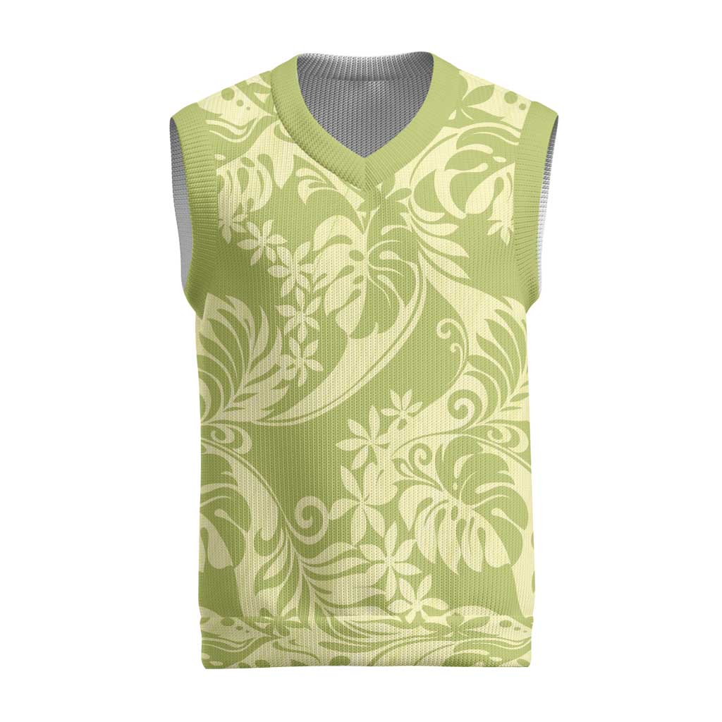 Tahiti Olive Tiare Floral Christmas Knitted V-Neck Vest Monstera Palm Tropical Leaves - Polynesian Pride