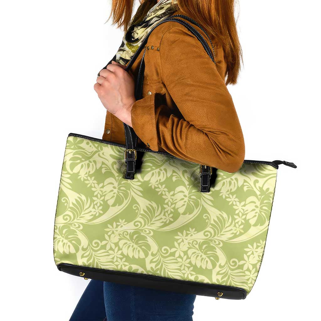 Tahiti Olive Tiare Floral Leather Tote Bag Monstera Palm Tropical Leaves LT01 Olive - Polynesian Pride