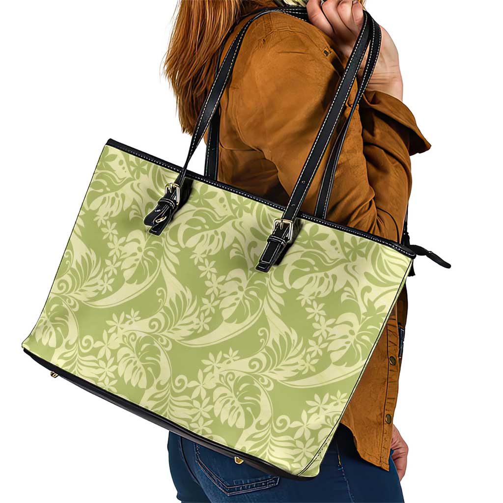 Tahiti Olive Tiare Floral Leather Tote Bag Monstera Palm Tropical Leaves LT01 - Polynesian Pride