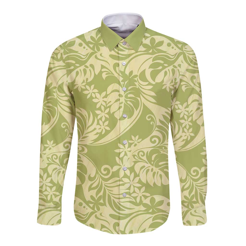 Tahiti Olive Tiare Floral Long Sleeve Button Shirt Monstera Palm Tropical Leaves LT01 Unisex Olive - Polynesian Pride