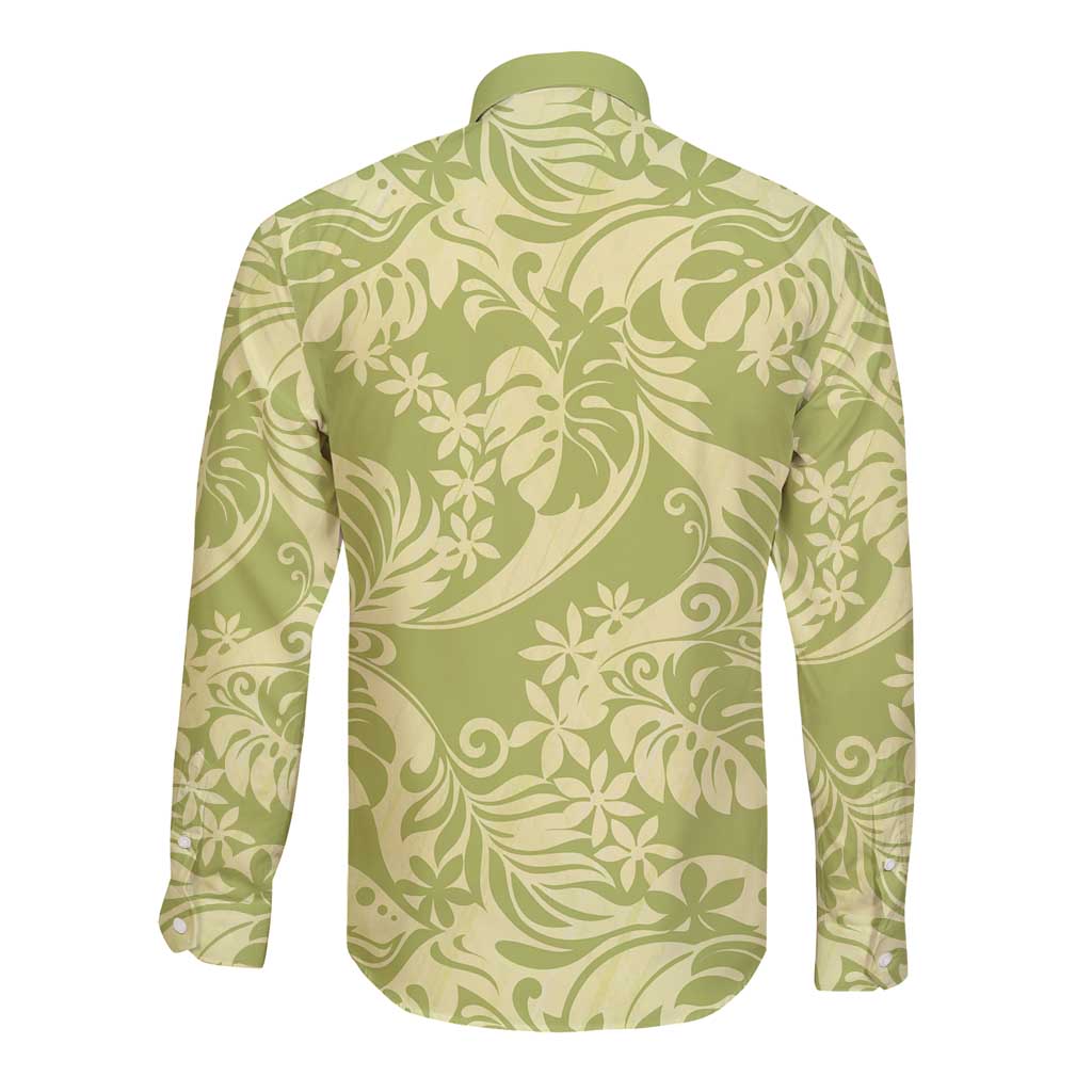 Tahiti Olive Tiare Floral Long Sleeve Button Shirt Monstera Palm Tropical Leaves LT01 - Polynesian Pride