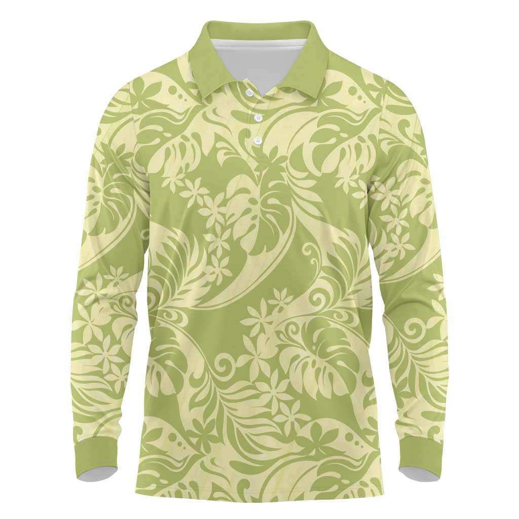 Tahiti Olive Tiare Floral Long Sleeve Polo Shirt Monstera Palm Tropical Leaves LT01 Olive - Polynesian Pride