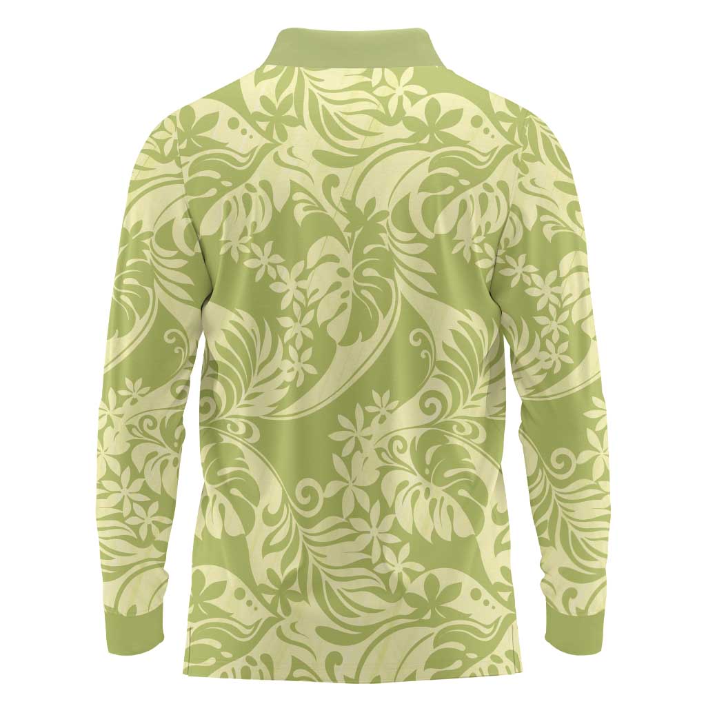 Tahiti Olive Tiare Floral Long Sleeve Polo Shirt Monstera Palm Tropical Leaves LT01 - Polynesian Pride