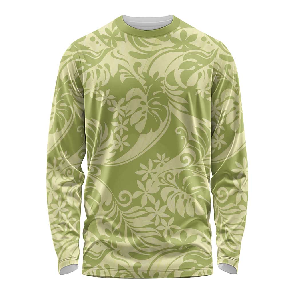 Tahiti Olive Tiare Floral Long Sleeve Shirt Monstera Palm Tropical Leaves LT01 Unisex Olive - Polynesian Pride