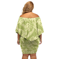 Tahiti Olive Tiare Floral Off Shoulder Short Dress Monstera Palm Tropical Leaves - Polynesian Pride