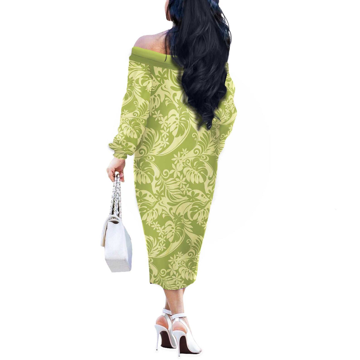 Tahiti Olive Tiare Floral Off The Shoulder Long Sleeve Dress Monstera Palm Tropical Leaves - Polynesian Pride