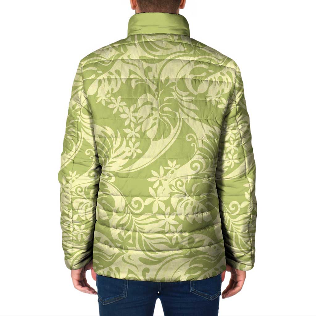 Tahiti Olive Tiare Floral Padded Jacket Monstera Palm Tropical Leaves LT01 - Polynesian Pride