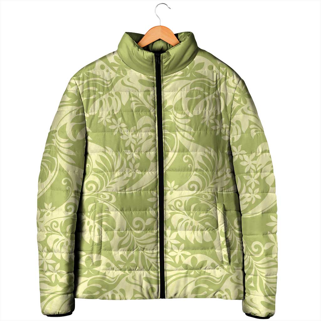 Tahiti Olive Tiare Floral Padded Jacket Monstera Palm Tropical Leaves LT01 - Polynesian Pride