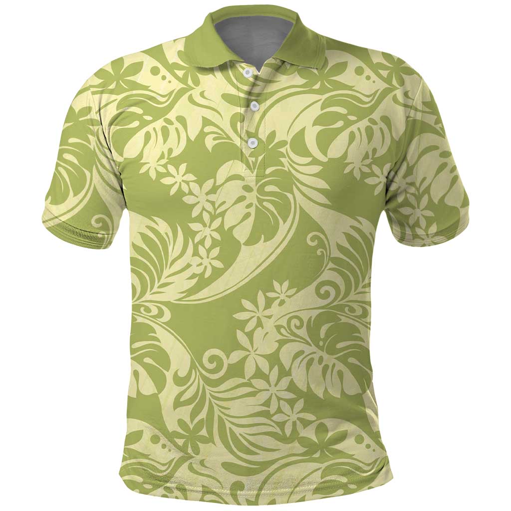 Tahiti Olive Tiare Floral Polo Shirt Monstera Palm Tropical Leaves LT01 Olive - Polynesian Pride