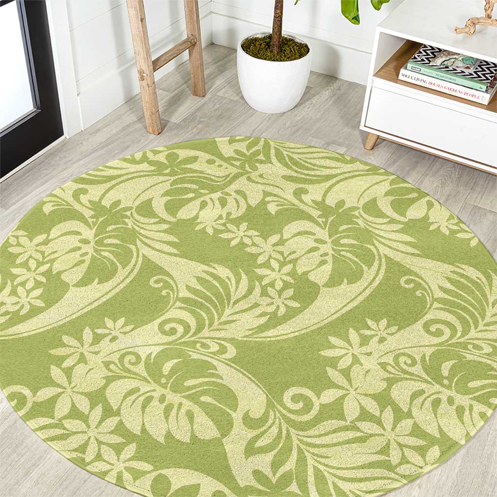 Tahiti Olive Tiare Floral Round Carpet Monstera Palm Tropical Leaves - Polynesian Pride