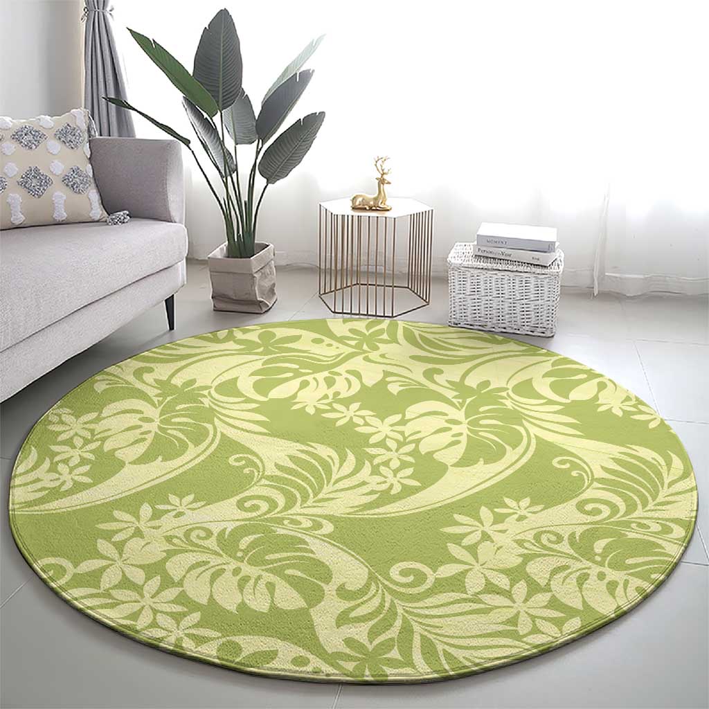Tahiti Olive Tiare Floral Round Carpet Monstera Palm Tropical Leaves - Polynesian Pride