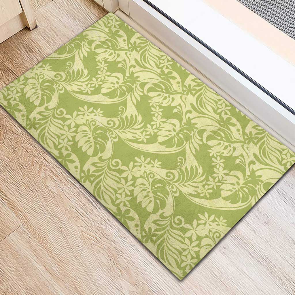 Tahiti Olive Tiare Floral Rubber Doormat Monstera Palm Tropical Leaves LT01 - Polynesian Pride