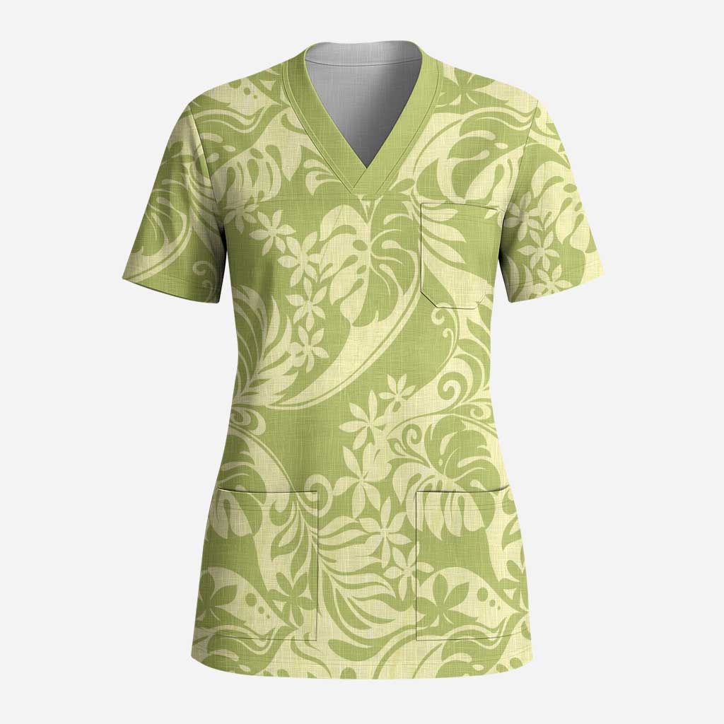 Tahiti Olive Tiare Floral Scrub Top Monstera Palm Tropical Leaves LT01 Adult Olive - Polynesian Pride