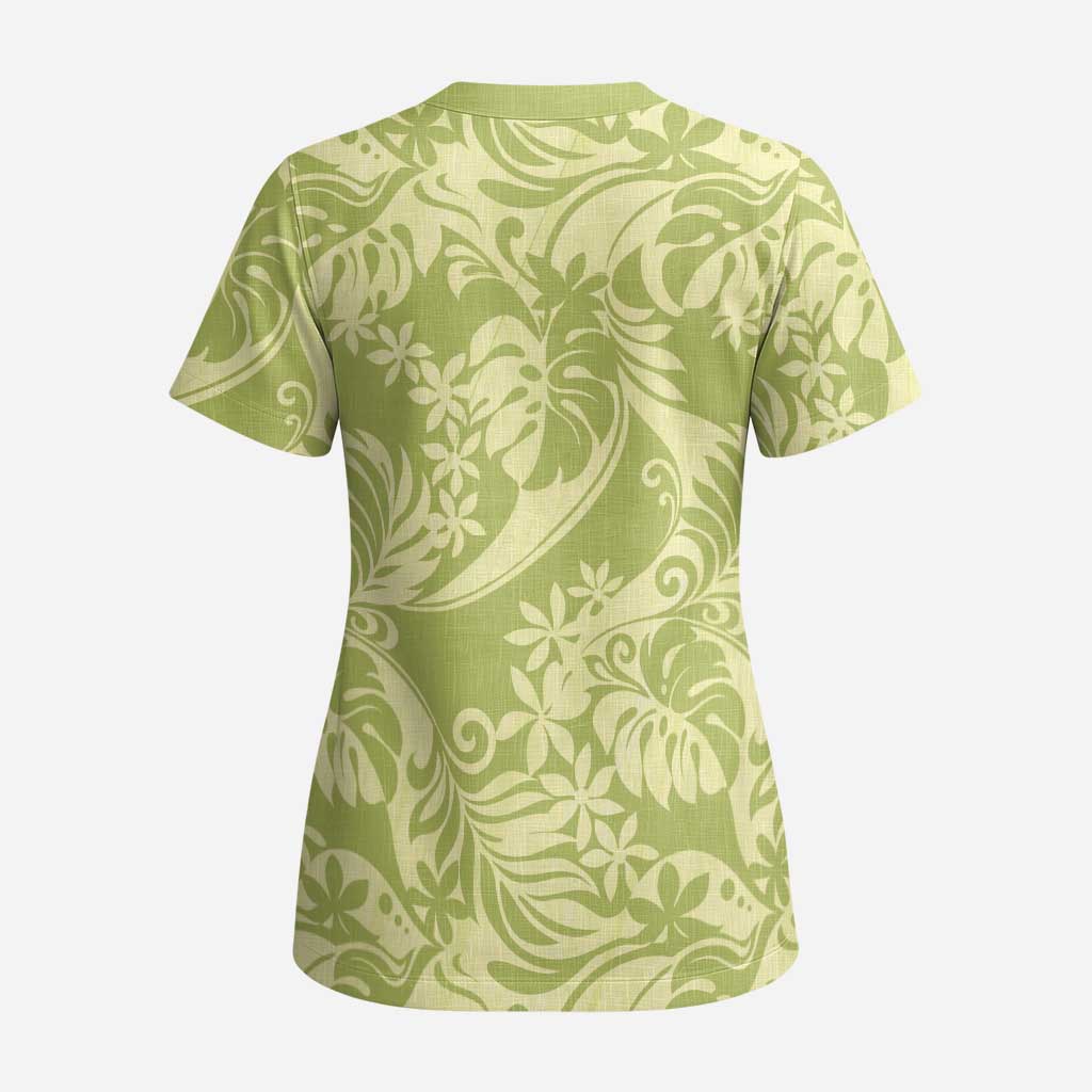 Tahiti Olive Tiare Floral Scrub Top Monstera Palm Tropical Leaves LT01 - Polynesian Pride