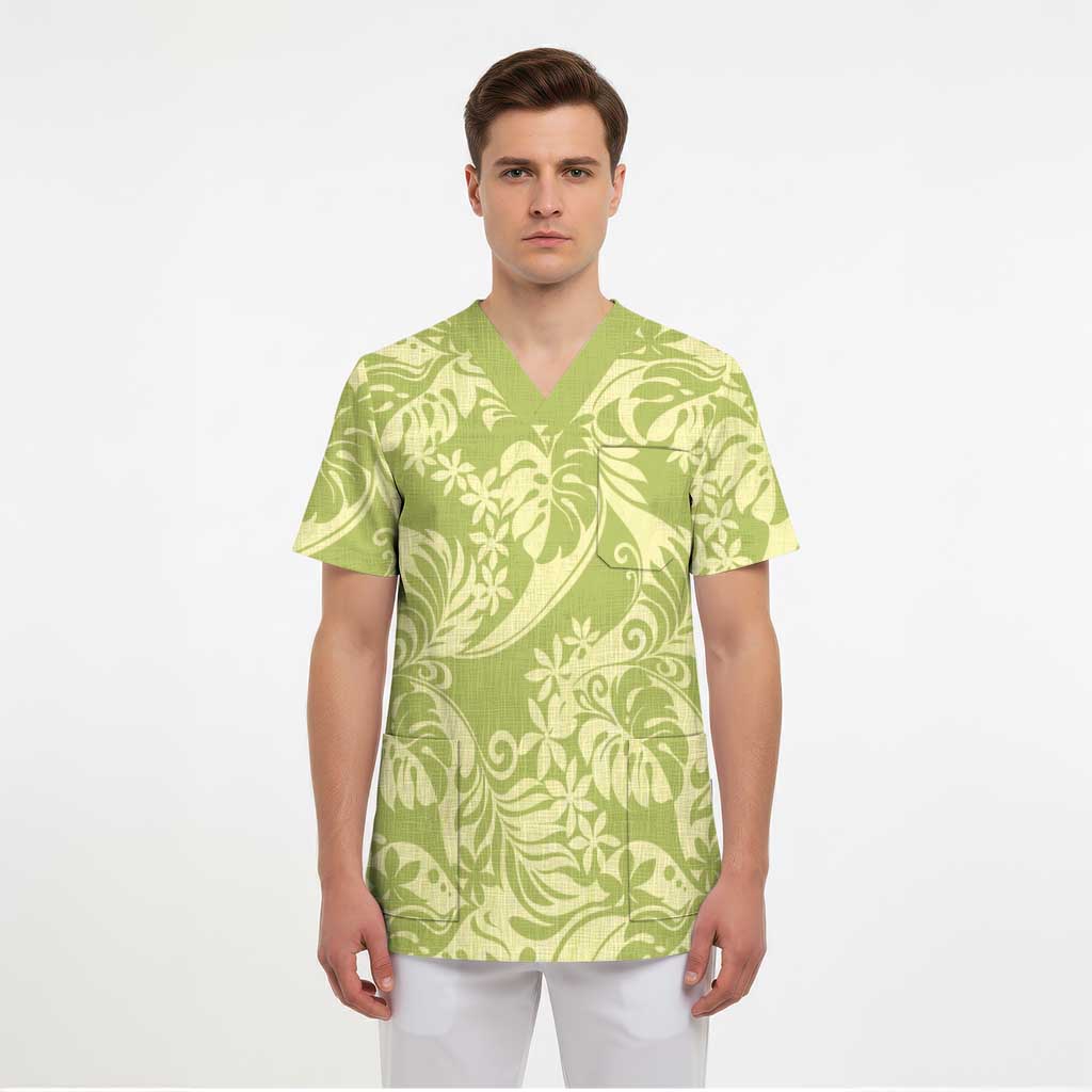 Tahiti Olive Tiare Floral Scrub Top Monstera Palm Tropical Leaves LT01 - Polynesian Pride