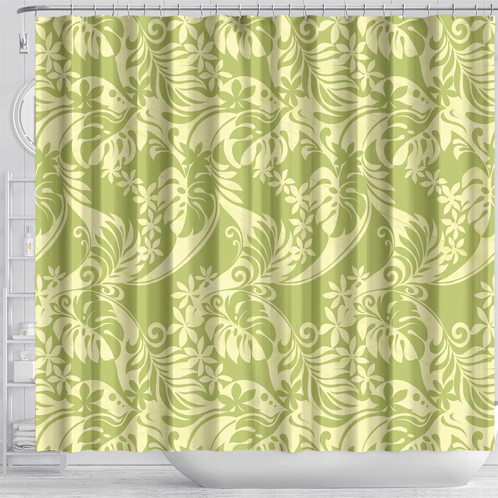 Tahiti Olive Tiare Floral Shower Curtain Monstera Palm Tropical Leaves - Polynesian Pride