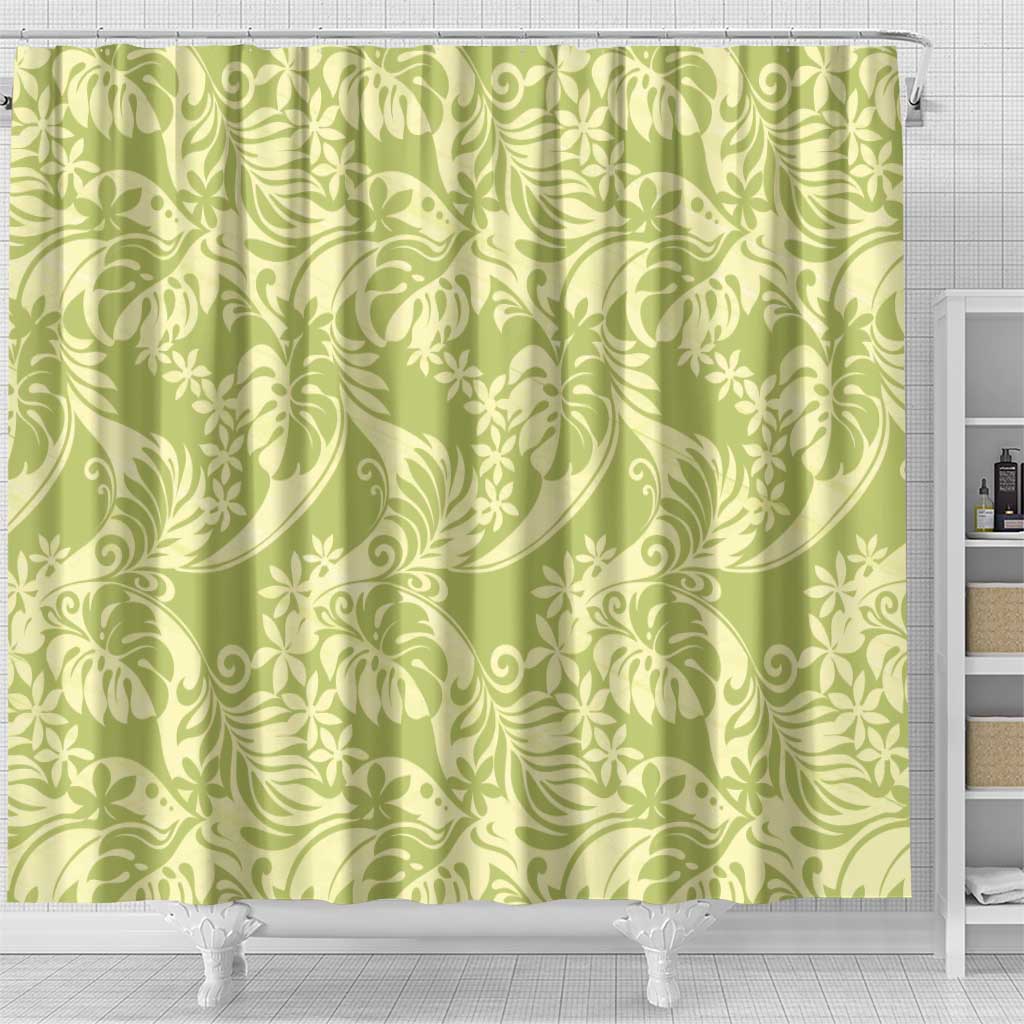 Tahiti Olive Tiare Floral Shower Curtain Monstera Palm Tropical Leaves - Polynesian Pride