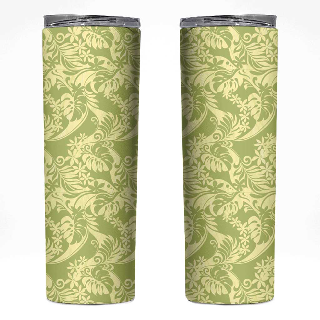 Tahiti Olive Tiare Floral Skinny Tumbler Monstera Palm Tropical Leaves - Polynesian Pride