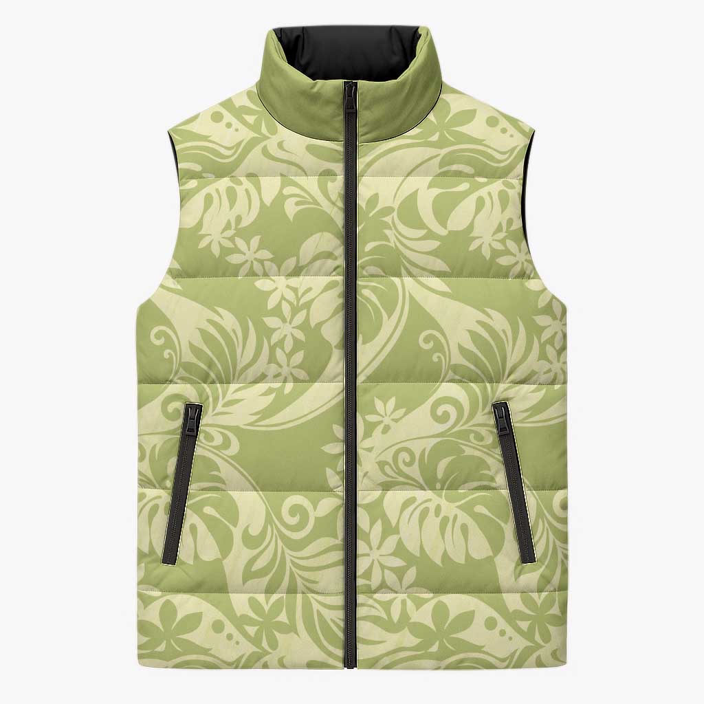 Tahiti Olive Tiare Floral Sleeveless Puffer Jacket Monstera Palm Tropical Leaves LT01 Unisex Olive - Polynesian Pride