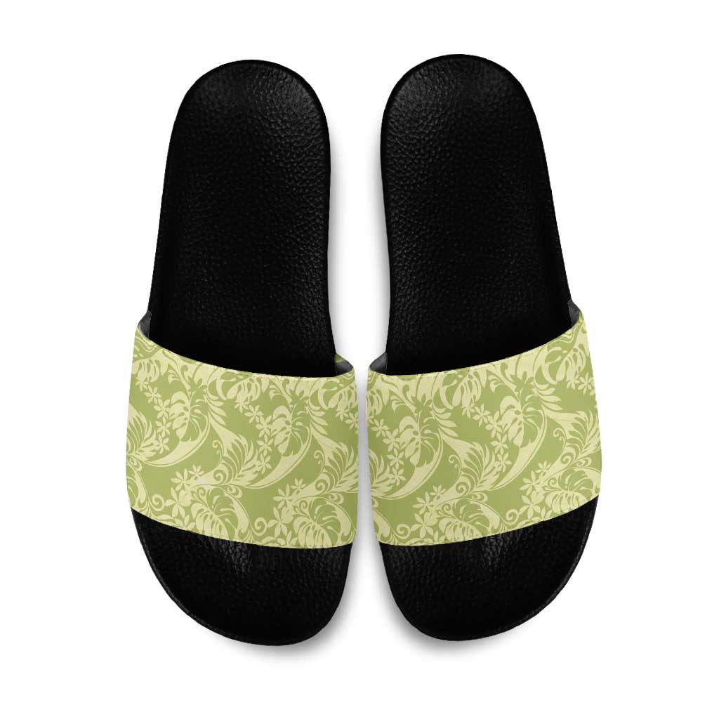 Tahiti Olive Tiare Floral Slide Sandals Monstera Palm Tropical Leaves - Polynesian Pride
