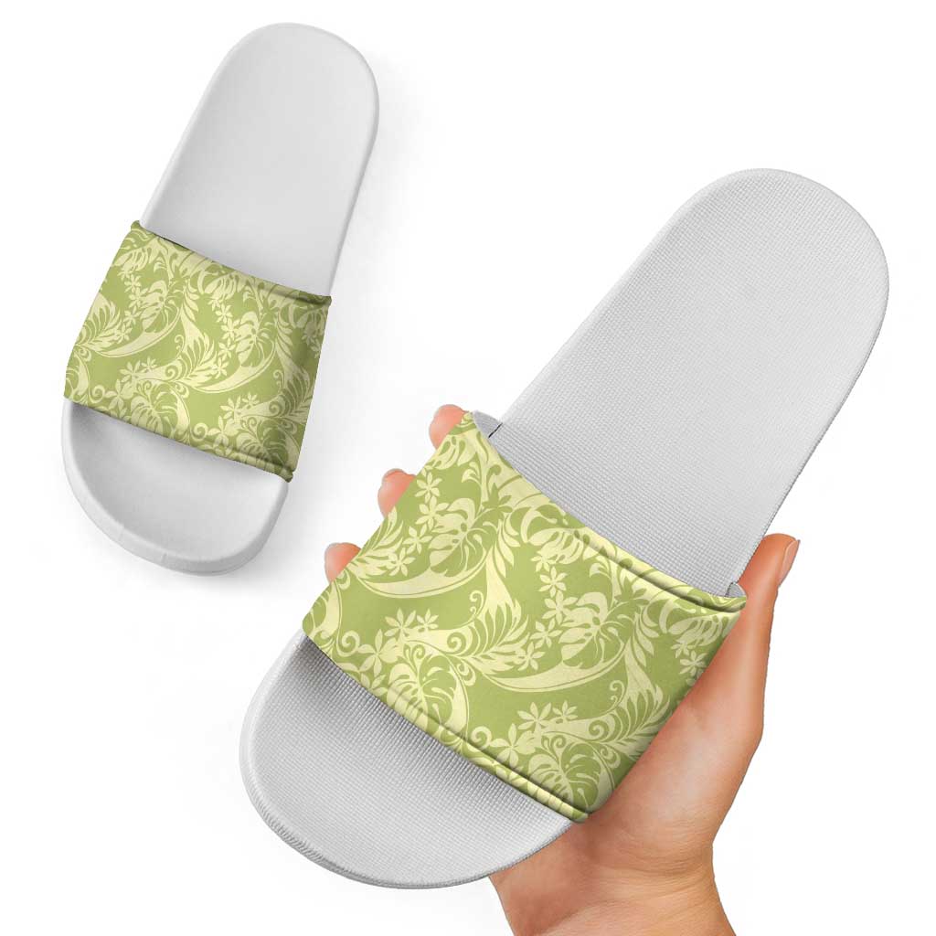Tahiti Olive Tiare Floral Slide Sandals Monstera Palm Tropical Leaves - Polynesian Pride