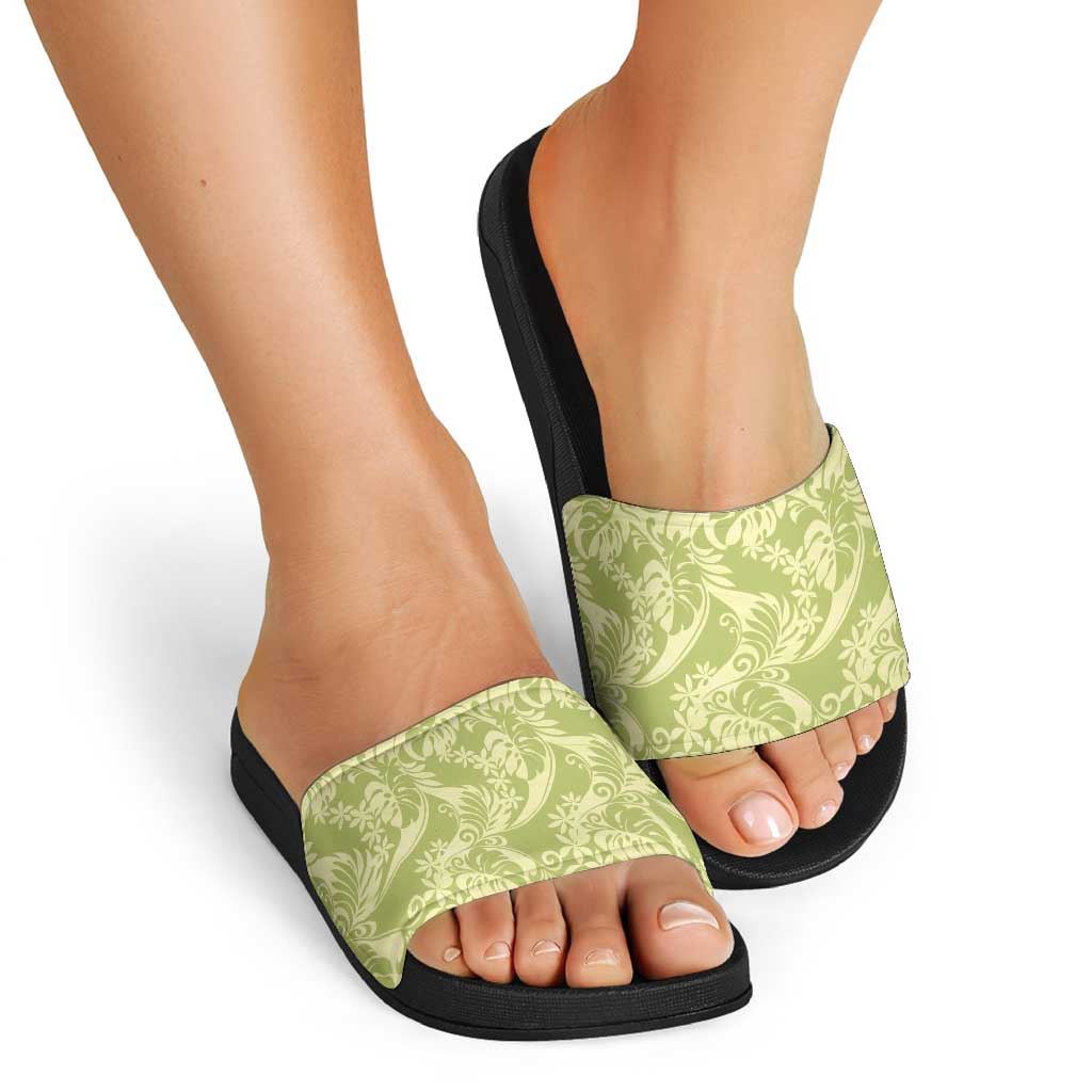 Tahiti Olive Tiare Floral Slide Sandals Monstera Palm Tropical Leaves - Polynesian Pride