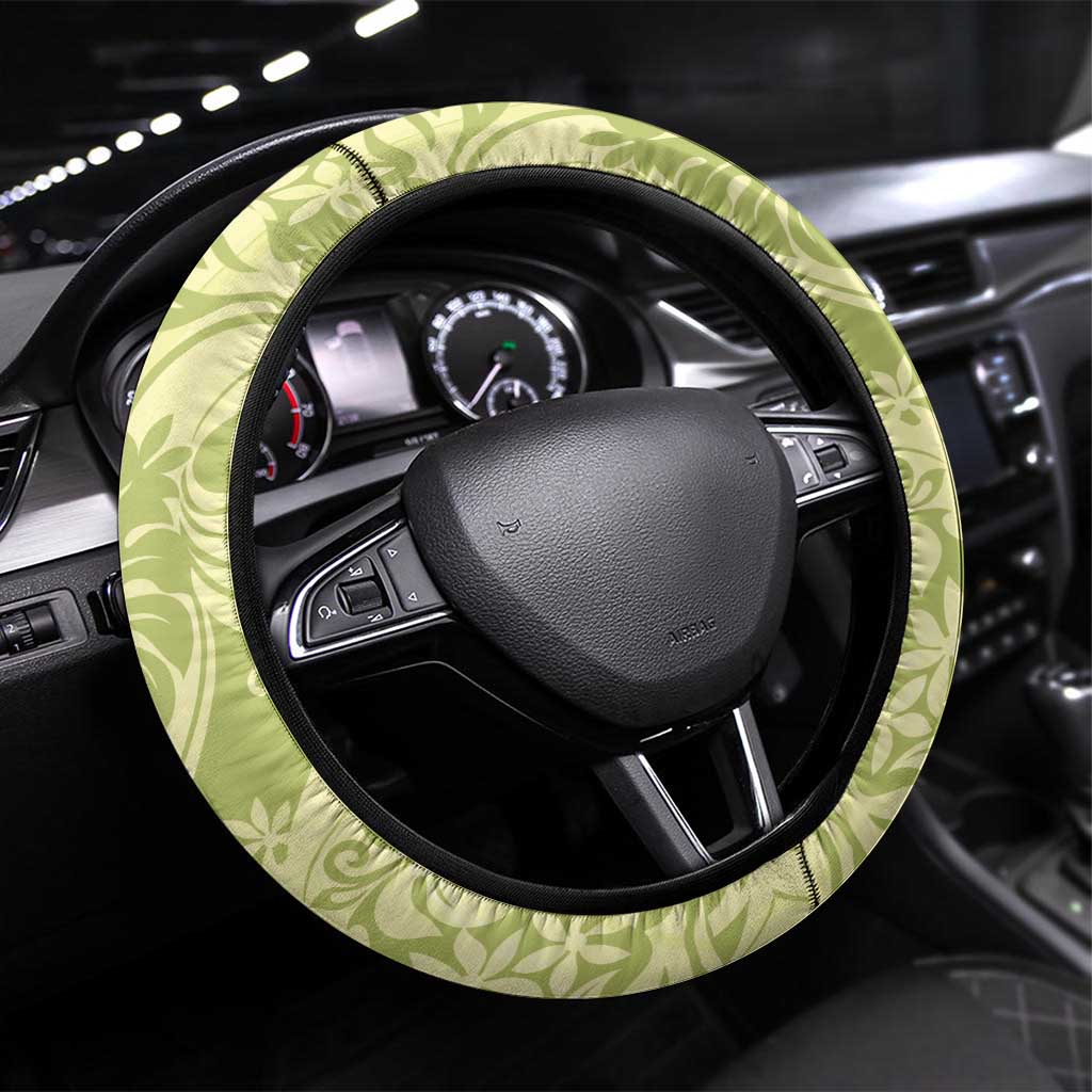Tahiti Olive Tiare Floral Steering Wheel Cover Monstera Palm Tropical Leaves LT01 Universal Fit Olive - Polynesian Pride
