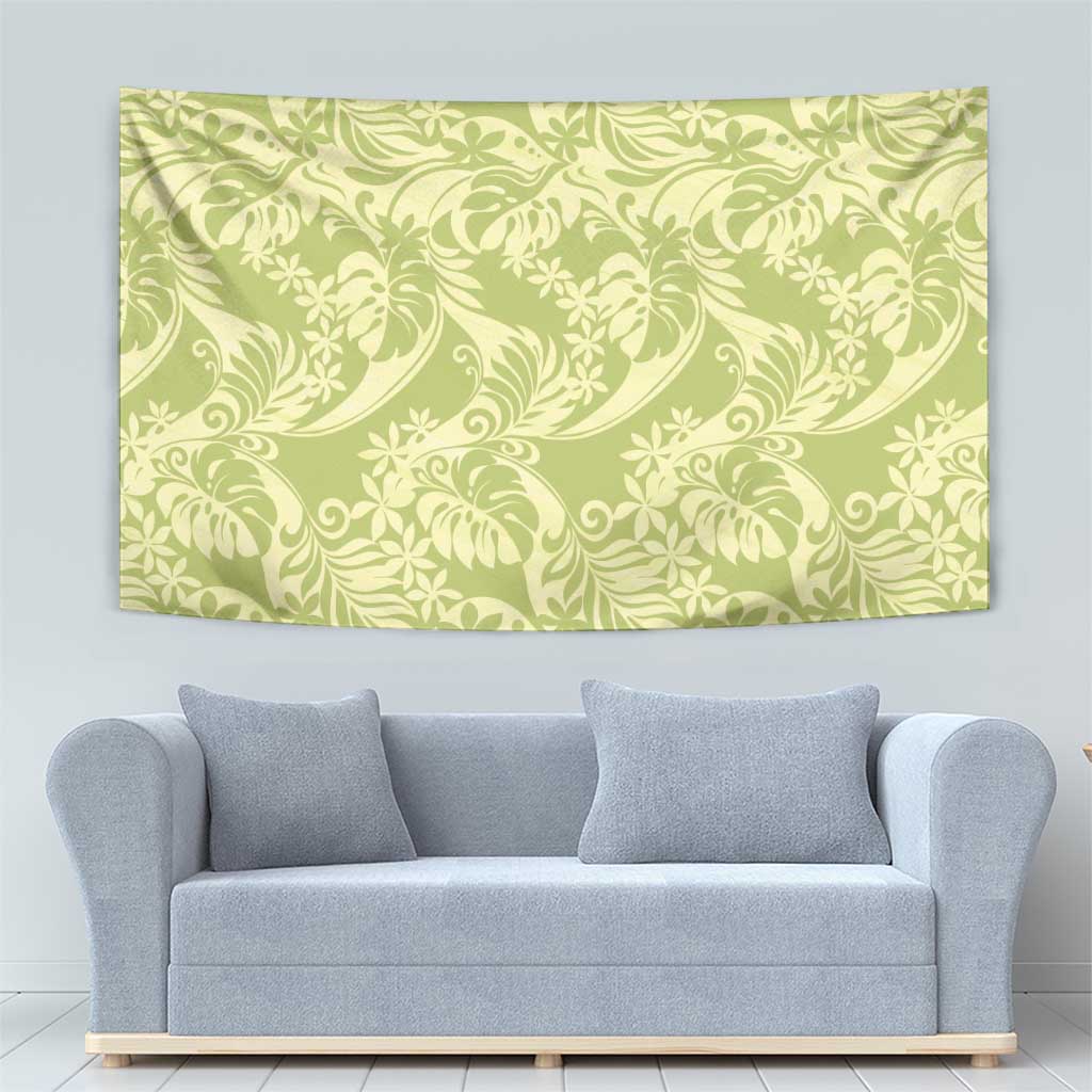 Tahiti Olive Tiare Floral Tapestry Monstera Palm Tropical Leaves - Polynesian Pride