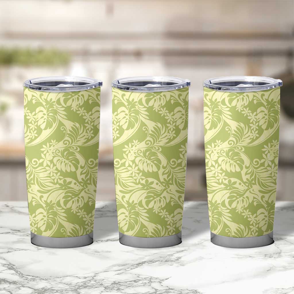 Tahiti Olive Tiare Floral Tumbler Cup Monstera Palm Tropical Leaves - Polynesian Pride